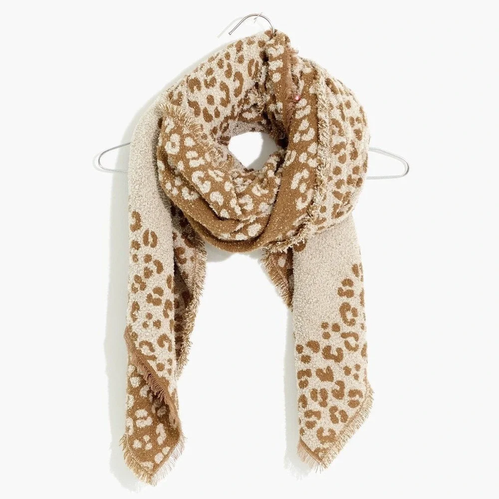 Bandana‎ Scarf in Mini Cheetah Print Fringed Edge Large Square Cozy Warm Beige